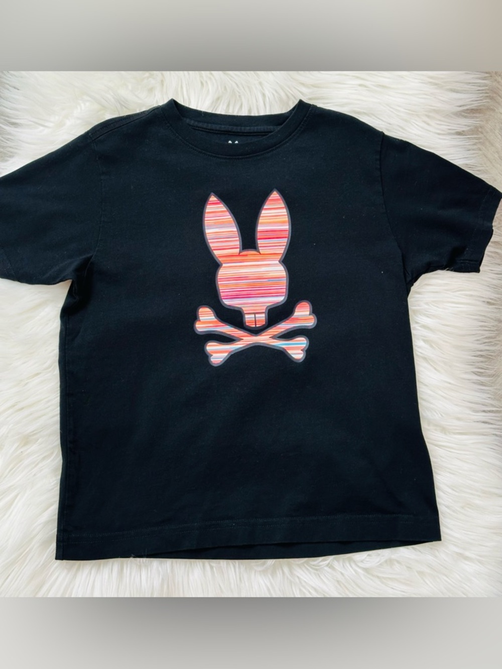 Psycho Bunny Black Tee with Multicolor Striped Bunny Skull